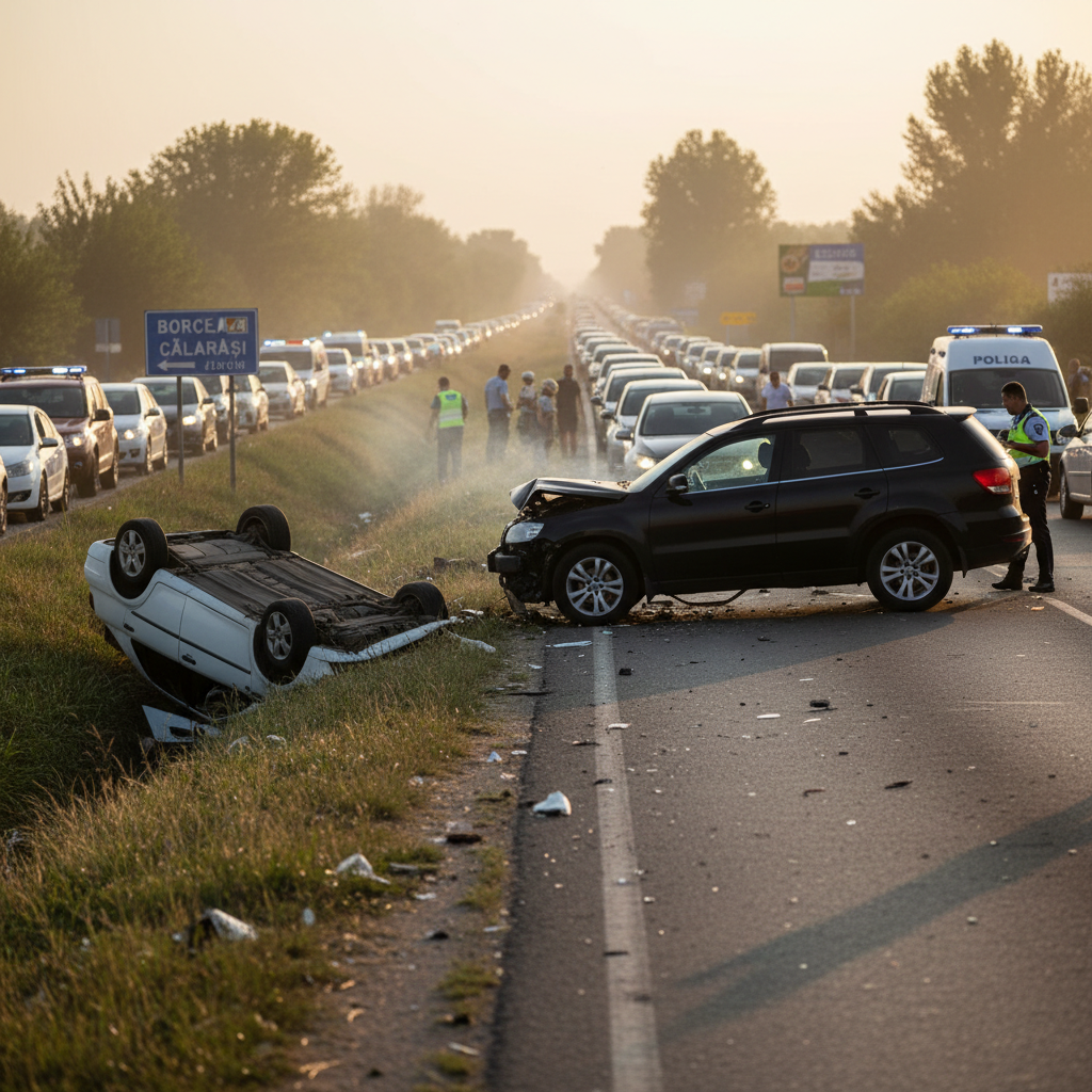 Două mașini implicate, una în șanț, trafic blocat